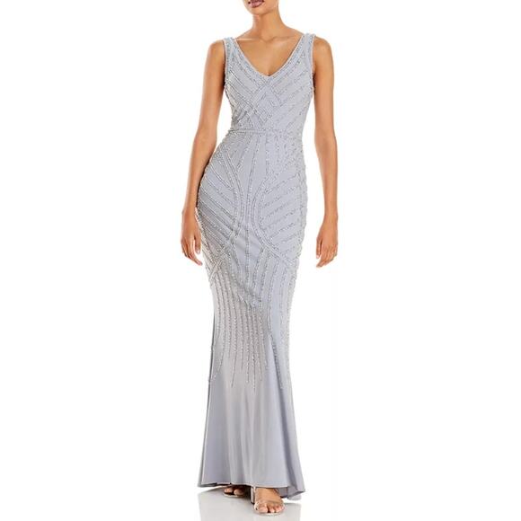 AQUA FORMAL Women's Embellished Column Gown Size 8 Silver Sleeveless NWT FLAW - Picture 1 of 16
